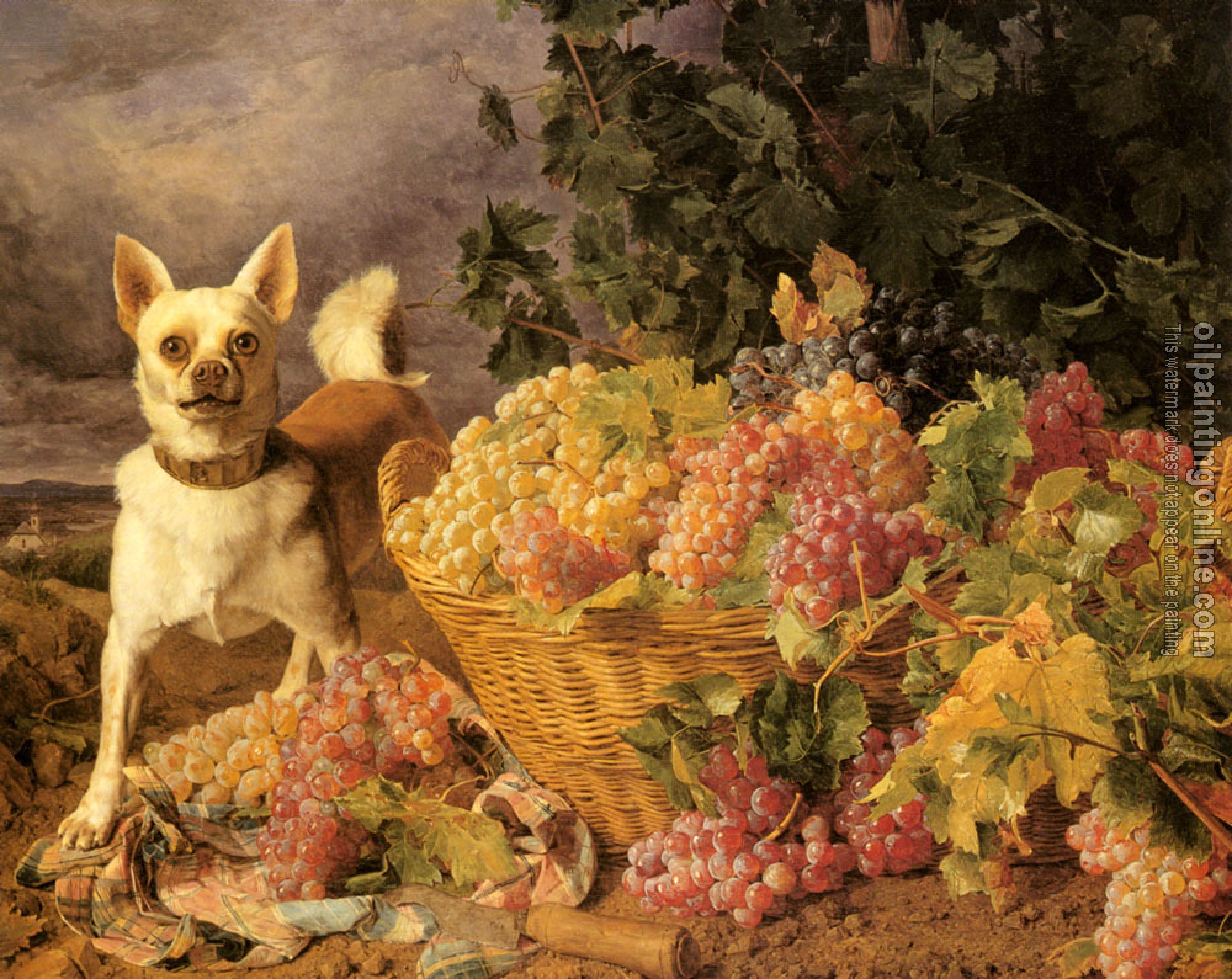 Waldmuller, Ferdinand Georg - A Dog By A Basket Of Grapes In A Landscape